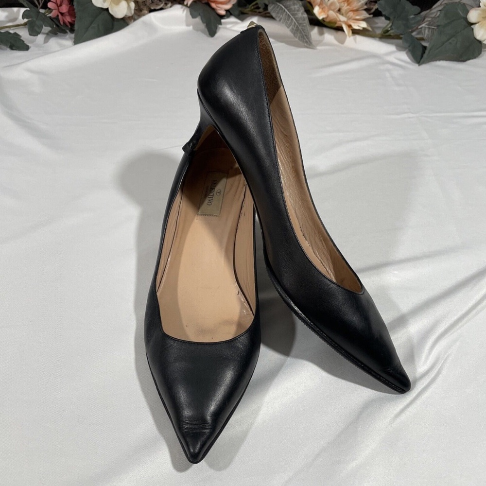 USED Valentino Garavani [ 40 ½ ] Leather Pointy Kitten Heel‎ in Black